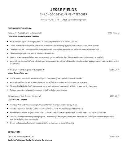 Childhood Development Teacher Resume