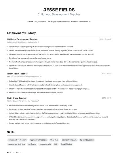Childhood Development Teacher Resume