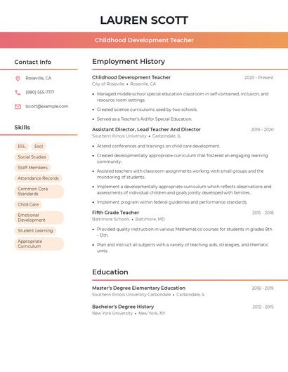 Childhood Development Teacher Resume
