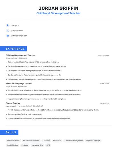 Childhood Development Teacher Resume