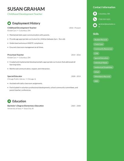 Childhood Development Teacher Resume