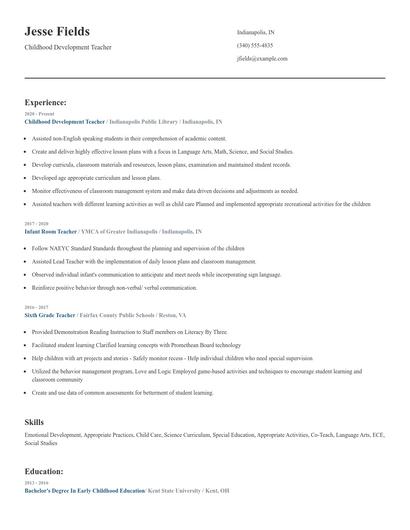 Childhood Development Teacher Resume