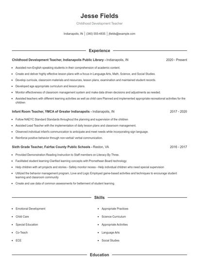 Childhood Development Teacher Resume
