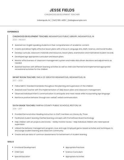 Childhood Development Teacher Resume