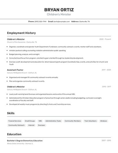 Children's Minister Resume