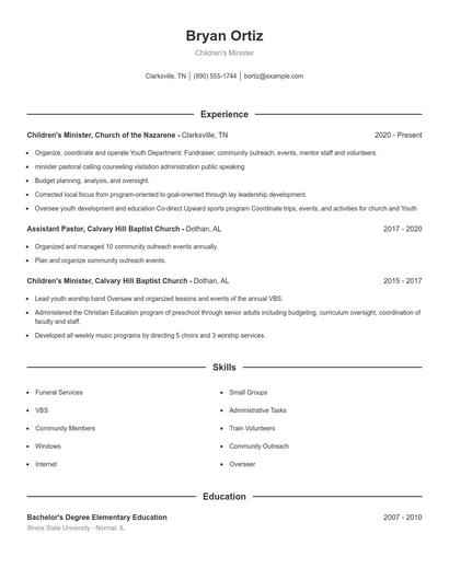 Children's Minister Resume