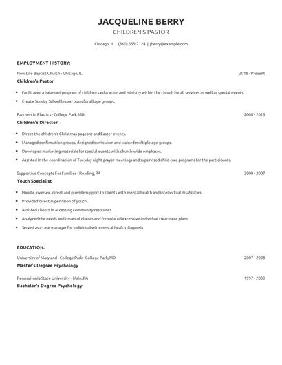 Children's Pastor Resume