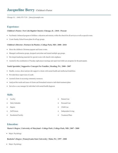 Children's Pastor Resume
