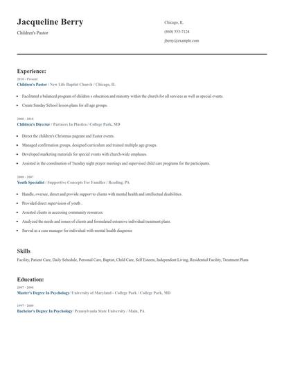Children's Pastor Resume