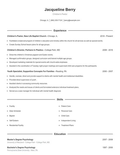 Children's Pastor Resume