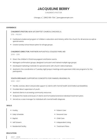 Children's Pastor Resume