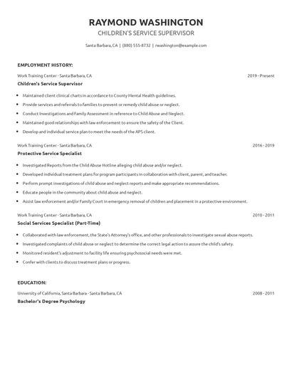 Children's Service Supervisor Resume