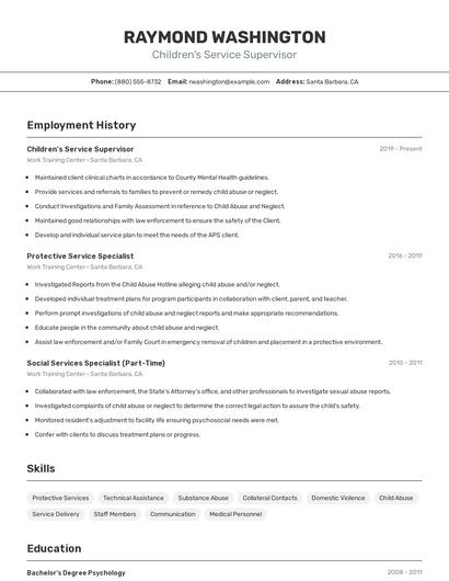 Children's Service Supervisor Resume