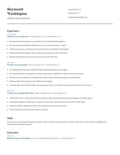 Children's Service Supervisor Resume