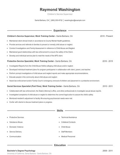 Children's Service Supervisor Resume