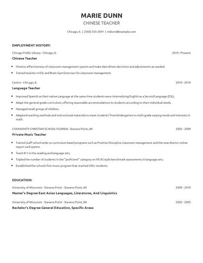 Chinese Teacher Resume