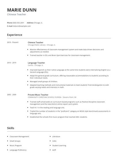 Chinese Teacher Resume