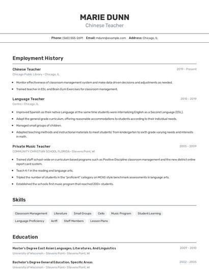 Chinese Teacher Resume