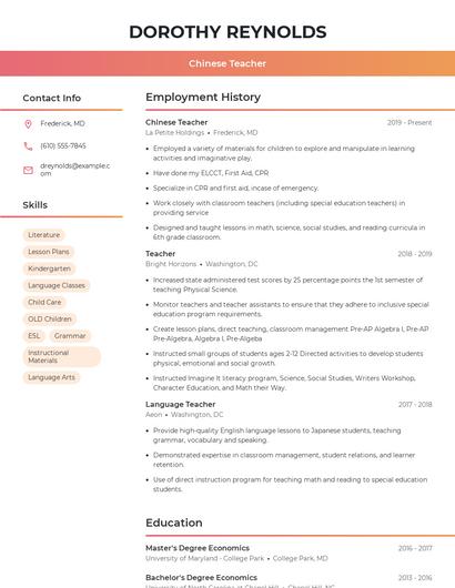 Chinese Teacher Resume