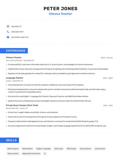 Chinese Teacher Resume
