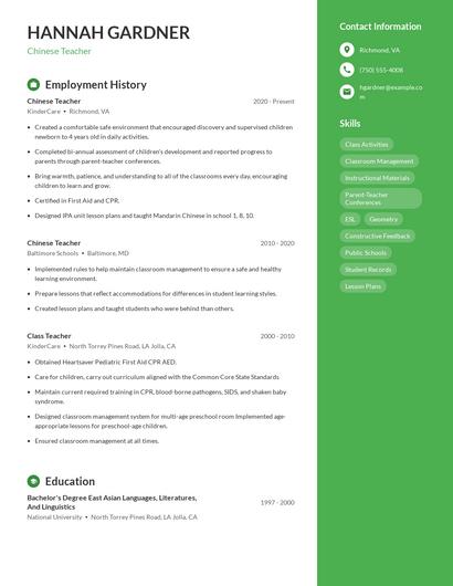 Chinese Teacher Resume
