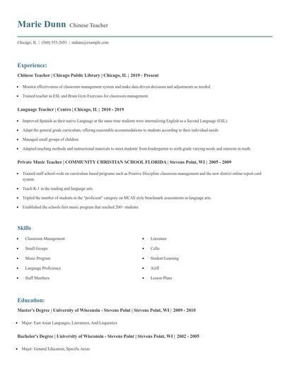 Chinese Teacher Resume