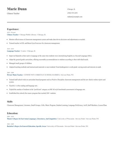 Chinese Teacher Resume