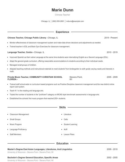 Chinese Teacher Resume