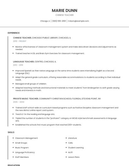 Chinese Teacher Resume