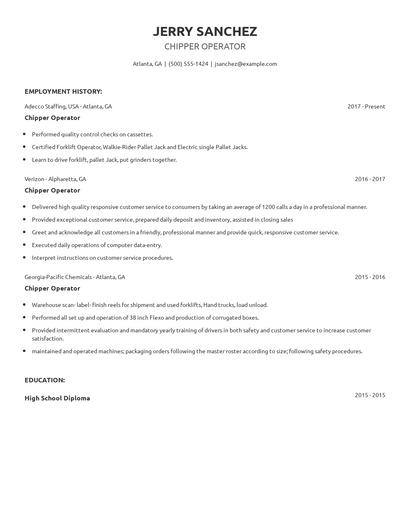 Chipper Operator Resume