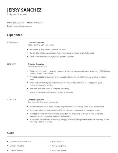 Chipper Operator Resume