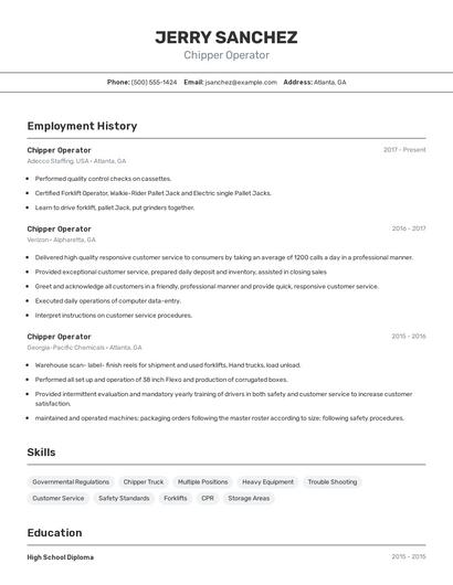 Chipper Operator Resume
