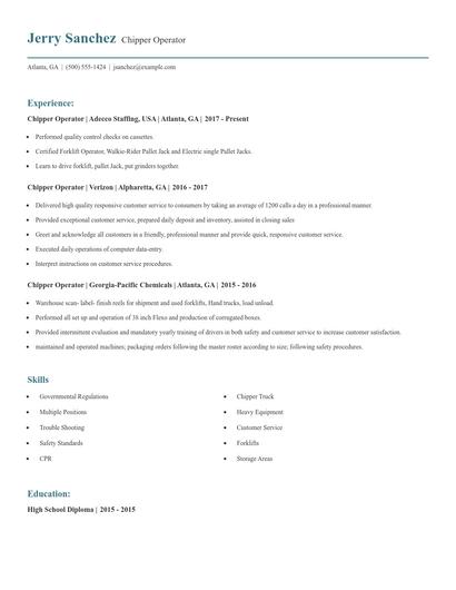 Chipper Operator Resume