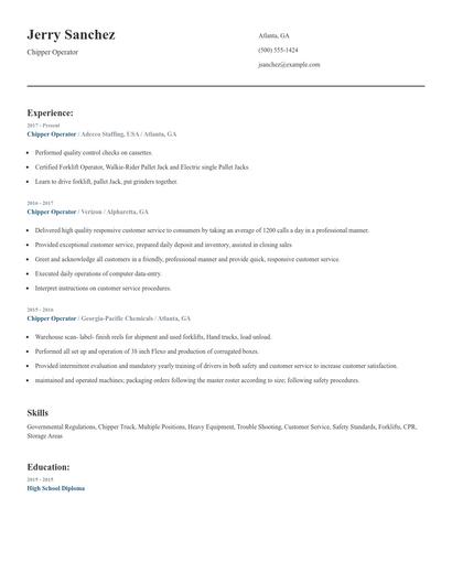 Chipper Operator Resume