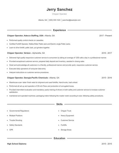 Chipper Operator Resume