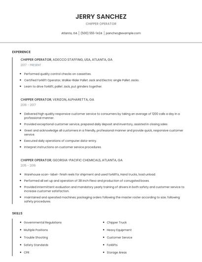 Chipper Operator Resume