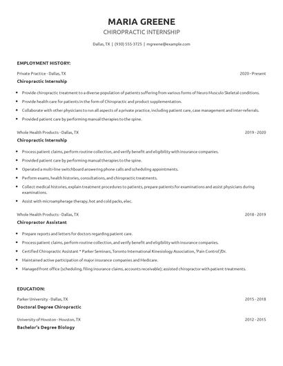 Chiropractic Internship Resume