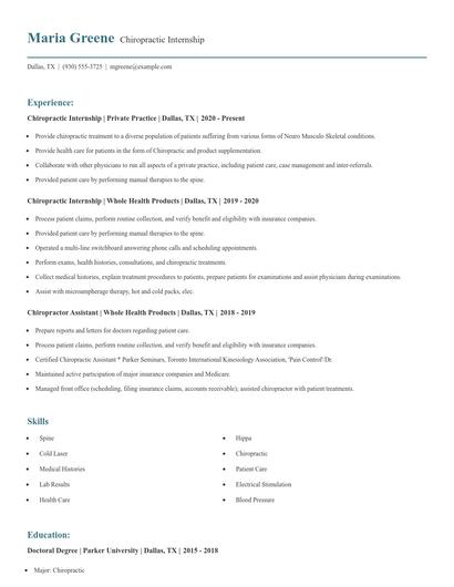 Chiropractic Internship Resume