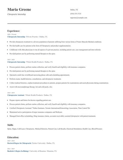 Chiropractic Internship Resume