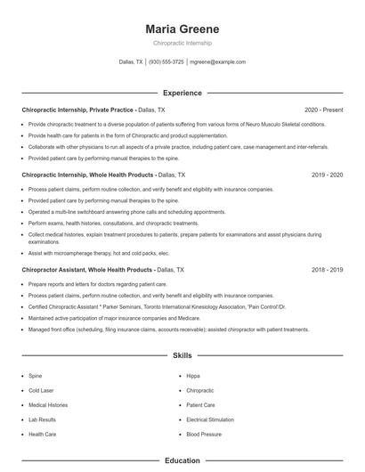 Chiropractic Internship Resume