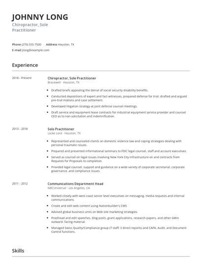 Chiropractor, Sole Practitioner Resume
