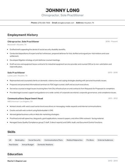 Chiropractor, Sole Practitioner Resume