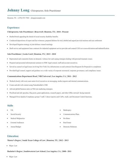 Chiropractor, Sole Practitioner Resume