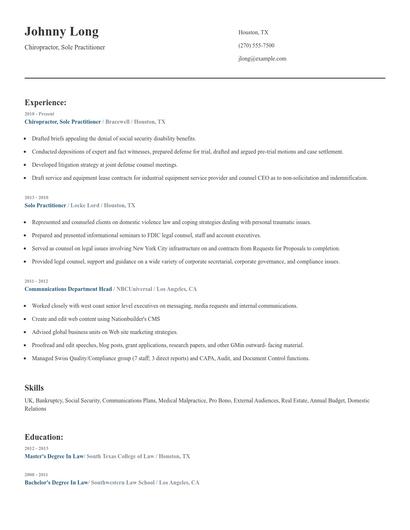 Chiropractor, Sole Practitioner Resume