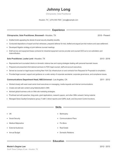 Chiropractor, Sole Practitioner Resume