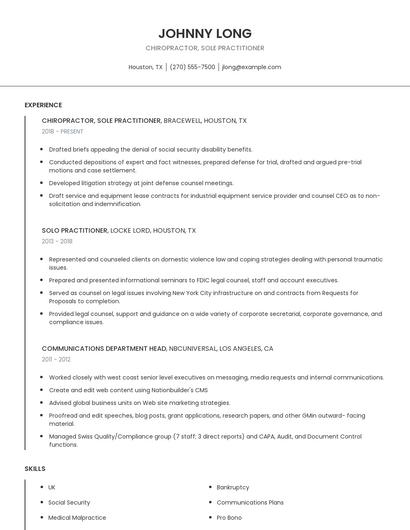 Chiropractor, Sole Practitioner Resume