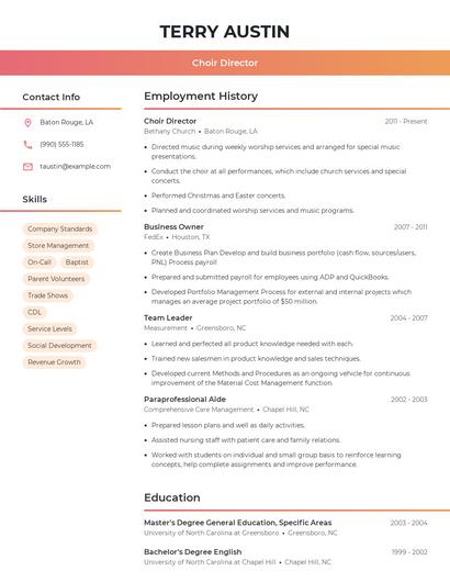 Choir Director Resume