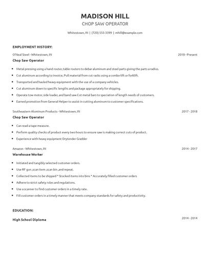 Chop Saw Operator Resume