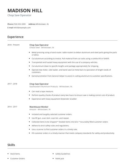 Chop Saw Operator Resume