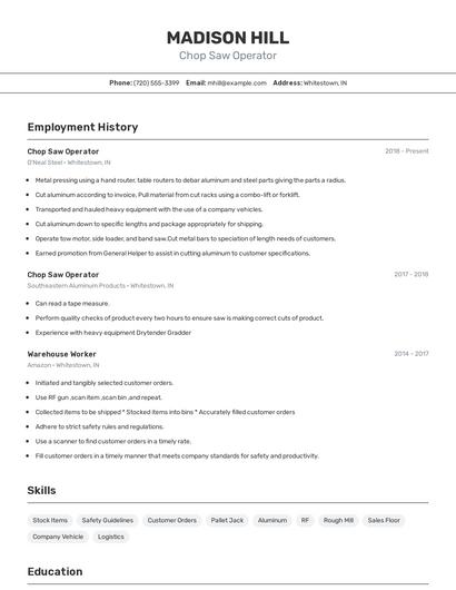 Chop Saw Operator Resume